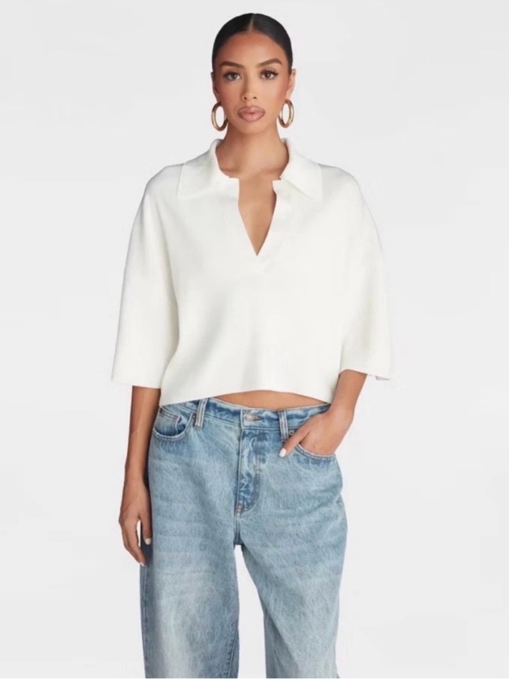KBB by Kahlana Women's Short Sleeve 'The Cropped Polo Sweater' Ribbed Knit XL